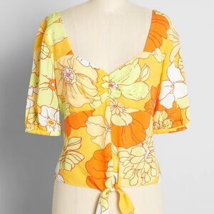 Modcloth Seaside Cottage Getaway Tie Front Top Honolulu Floral